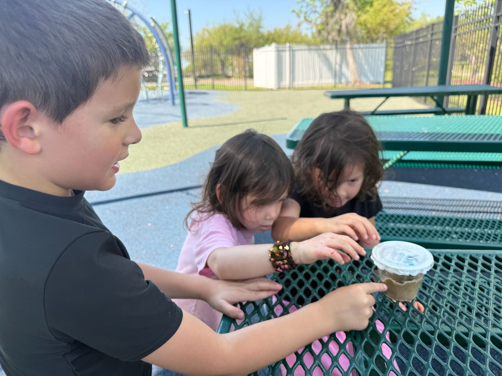 Students gathered around a caterpillar habitat during class.